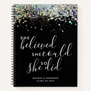 Black Glitter She Believed She Could Graduation Notebook