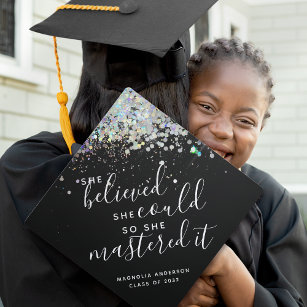 Black Glitter She Believed She Could Masters Graduation Cap Topper