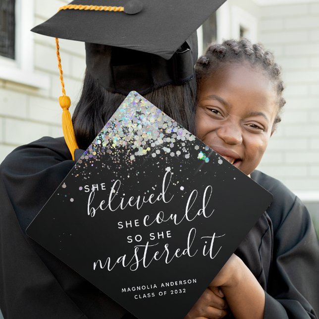 Black Glitter She Believed She Could Masters Graduation Cap Topper (Creator Uploaded)