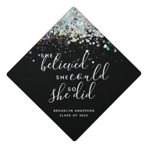 Black Glitter She Believed She Could Name  Graduation Cap Topper