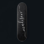 Black Glitter Shimmer Custom Personalized Name Skateboard<br><div class="desc">Black Glitter Shimmer Custom Personalized Name Skateboard features a modern Black glitter shimmer with your personalised name in the centre. Designed by ©Evco Studio www.zazzle.com/store/evcostudio</div>