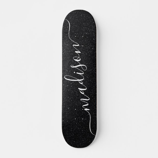 Black Glitter Shimmer Custom Personalized Name Skateboard (Front)