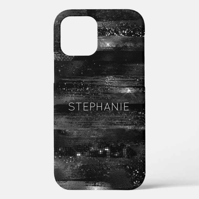 Black Glitter Shimmer Modern Personalized Name Case-Mate iPhone Case (Back)
