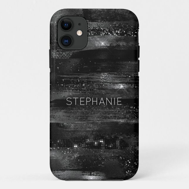 Black Glitter Shimmer Modern Personalized Name Case-Mate iPhone Case (Back)