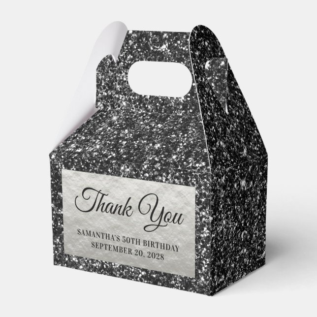Black Glitter Silver 50th Birthday Thank You Favor Box (Front Side)