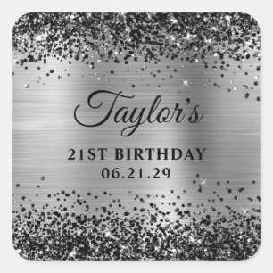 Black Glitter Silver Foil 21st Birthday Square Sticker