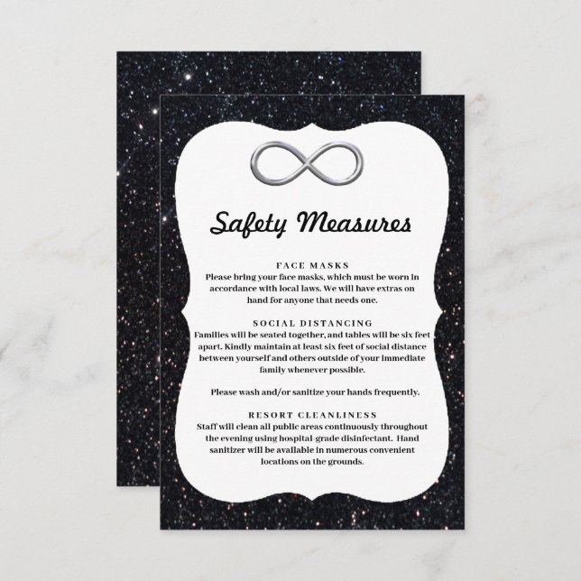 Black Glitter Silver Infinity Safety Measures Enclosure Card (Front/Back)