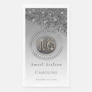 Black Glitter & Silver Sweet 16 Monogrammed   Napkin