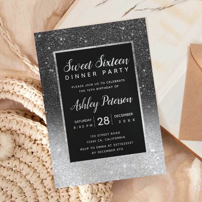 Black glitter silver typography Sweet 16 Invitation (Creator Uploaded)