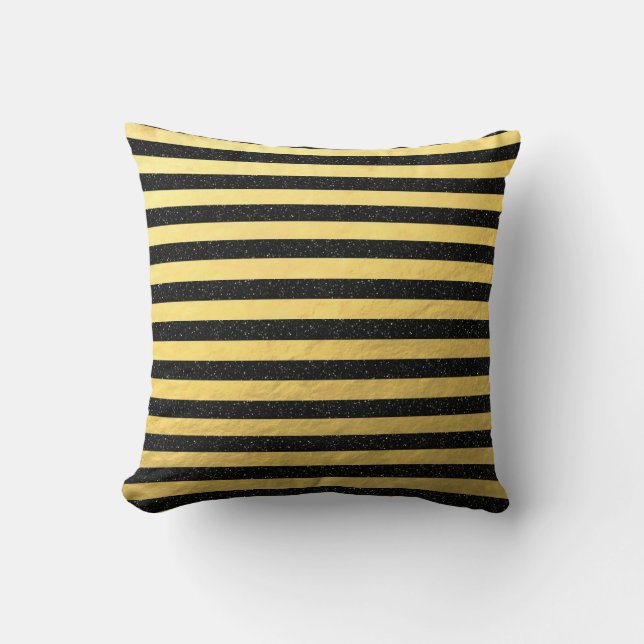 Black Glitter Stripes on Gold Foil Throw Pillow (Front)