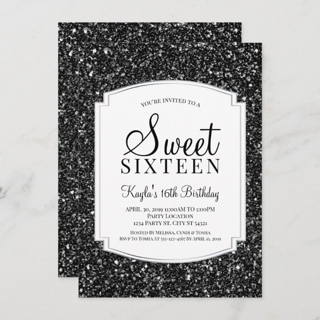 Black Glitter Sweet 16 Invitations (Front/Back)