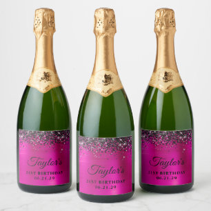 Black Glitter Top Hot Pink Foil 21st Birthday Sparkling Wine Label