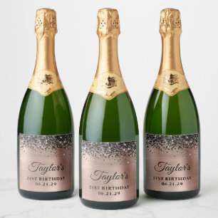 Black Glitter Top Rose Gold Foil 21st Birthday Sparkling Wine Label