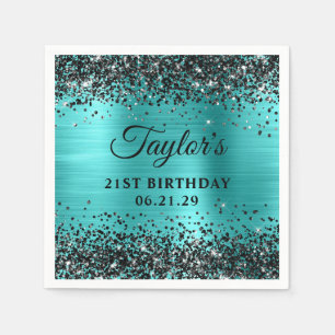 Black Glitter Turquoise Blue Foil 21st Birthday Napkin