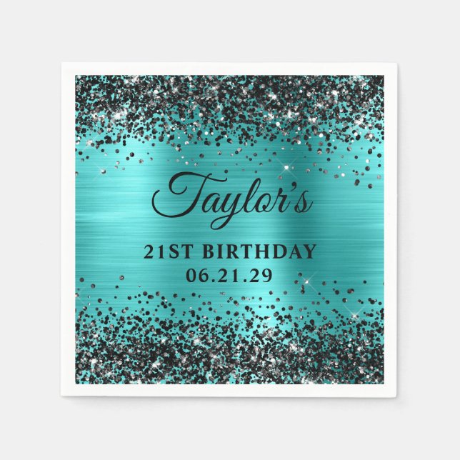 Black Glitter Turquoise Blue Foil 21st Birthday Napkin (Front)