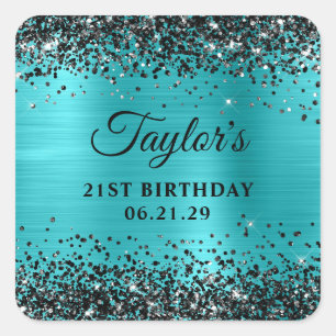 Black Glitter Turquoise Blue Foil 21st Birthday Square Sticker