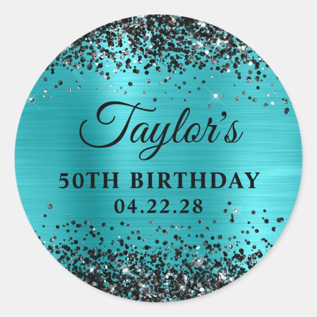 Black Glitter Turquoise Blue Foil 50th Birthday Classic Round Sticker (Front)