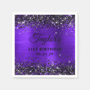 Black Glitter Violet Foil 21st Birthday Napkin