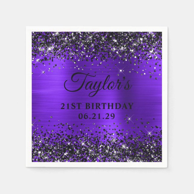 Black Glitter Violet Foil 21st Birthday Napkin (Front)