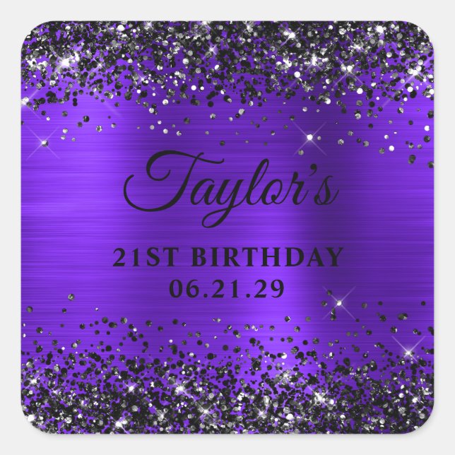 Black Glitter Violet Foil 21st Birthday Square Sticker (Front)