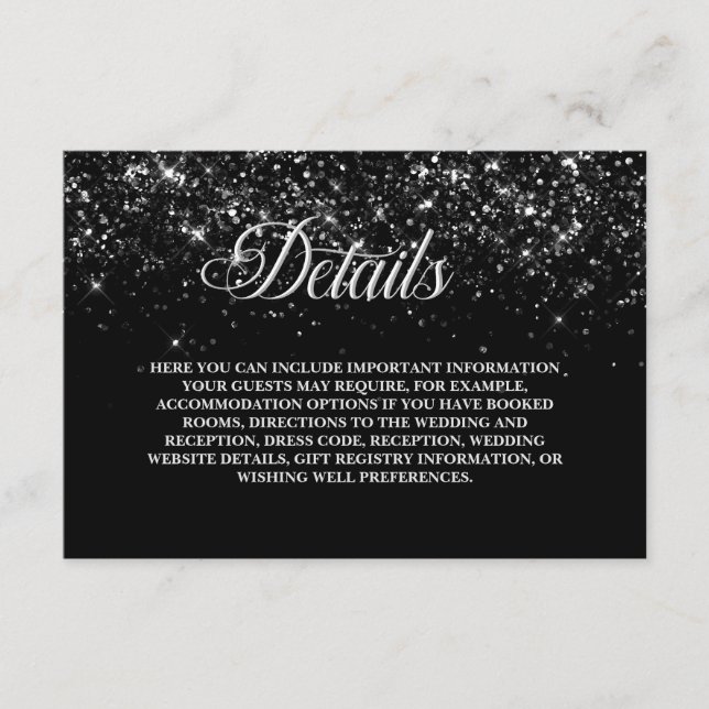 Black Glitter Wedding Details Enclosure Card (Front)