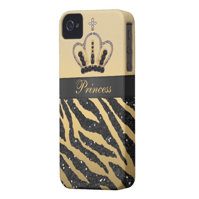 Black Glitter Zebra Print & Jewel Crown iPhone 4 Case-Mate iPhone Case (Back Left)