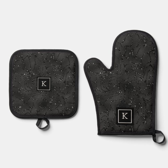 Black glittery background monogram oven mitt & pot holder set (Front)