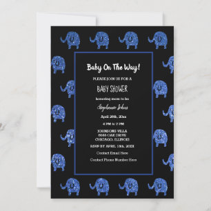 Black Glittery Blue Baby Shower Elephant Animals Invitation
