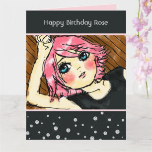 Black Glitzy Faux Diamonds Pink Hair Girl Birthday Card