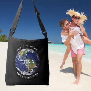 Black globe world map earth cruise names year crossbody bag