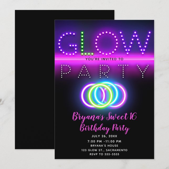 Black Glow Party Neon Lights Birthday Party Invitation (Front/Back)