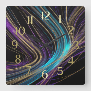 Black Glowing Lines Abstract Design Purple Blue Square Wall Clock