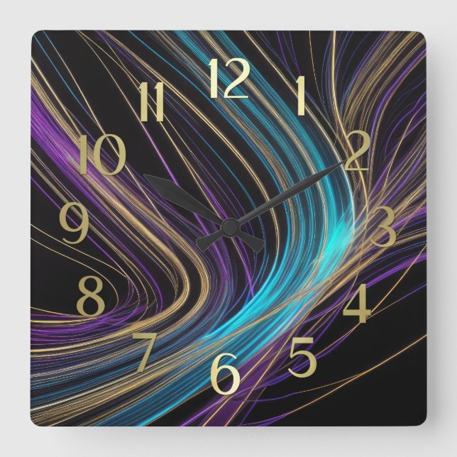 Black Glowing Lines Abstract Design Purple Blue Square Wall Clock (Front)