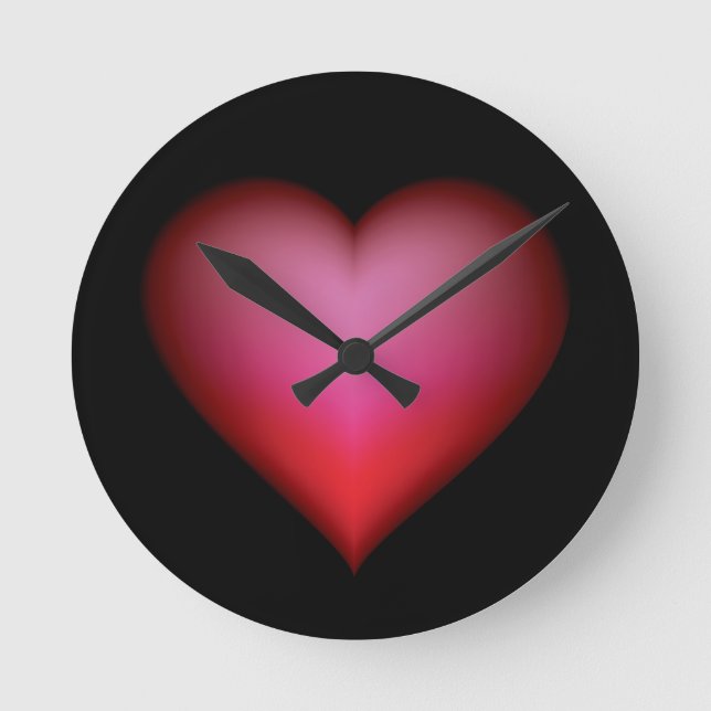 BLACK GLOWING RED HEART SHAPE LOVE GRAPHICS ROUND CLOCK (Front)