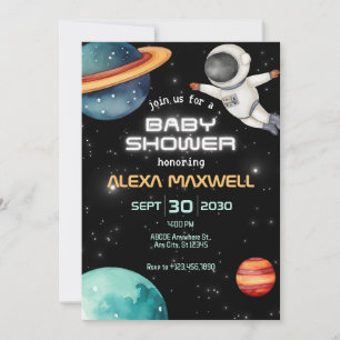 Black glows space planet astronaut baby shower invitation
