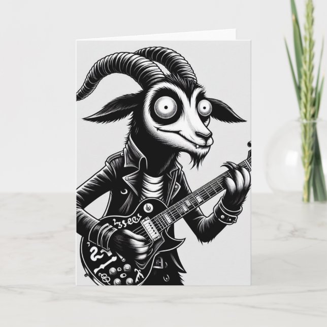 Black Goat Playing Guitar Black and White Card (Front)