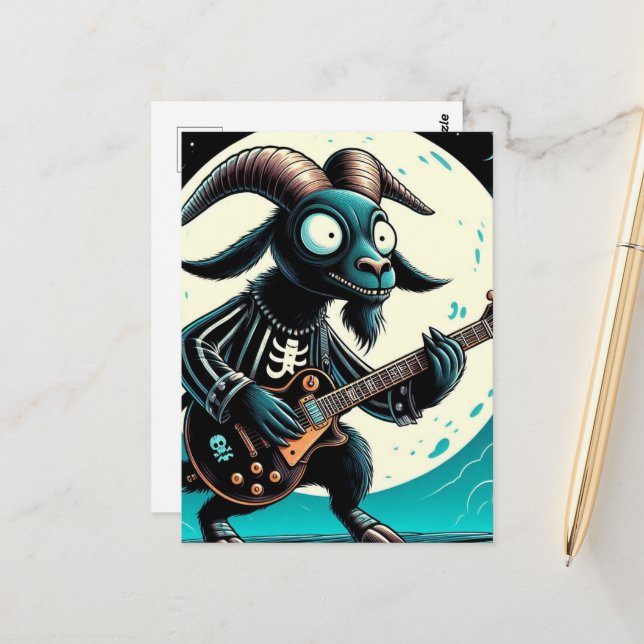 Black Goat Playing Guitar Full Moon Postcard (Front/Back In Situ)
