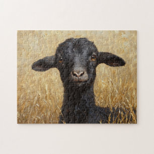 Black Goat Wheat Field Painting Jigsaw Puzzle