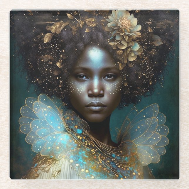 Black Goddess Fantasy Art Glass Coaster (Front)