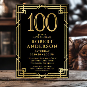 Black Gold 100th Birthday Photo Invitation