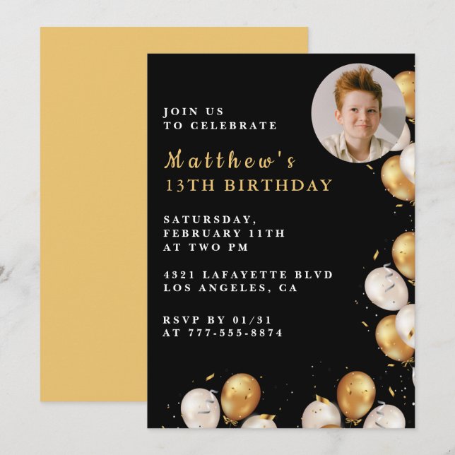 Black Gold 13th birthday invitation Balloon Photo  (Front/Back)