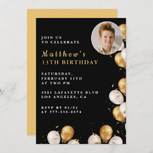 Black Gold 13th birthday invitation Balloon Photo