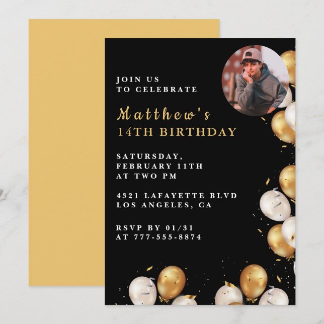 Black Gold 14th birthday invitation Balloon Photo  (Front/Back)