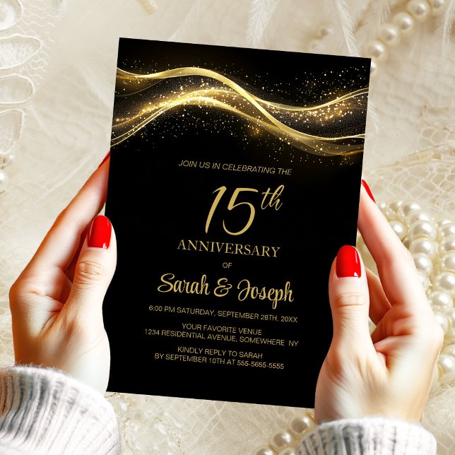 Black Gold 15th Wedding Anniversary Invitation (Creator Uploaded)