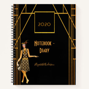 Black gold 1920's art deco diary notebook