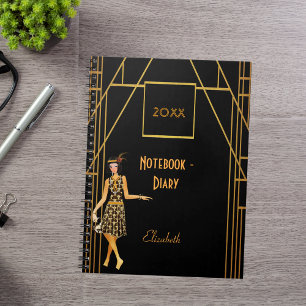 Black gold 1920's style art deco retro diary notebook