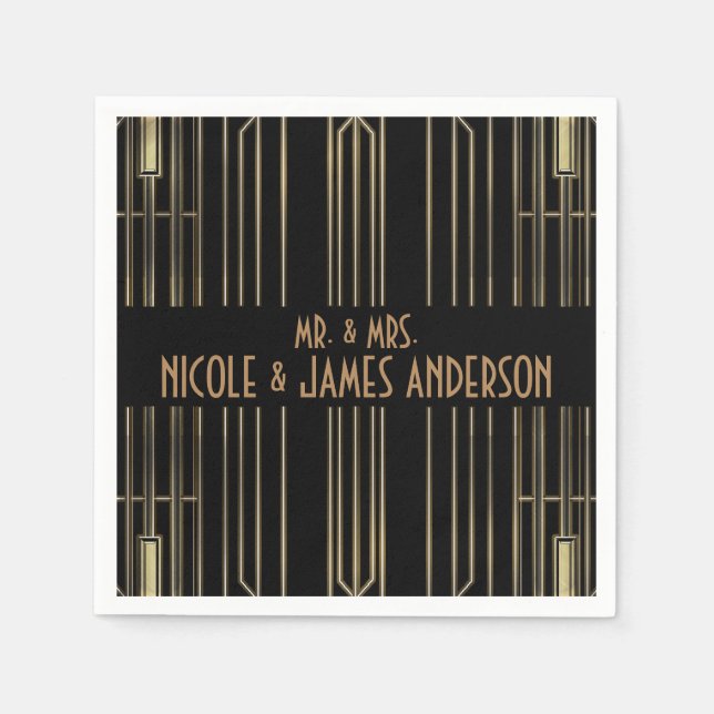 Black & Gold 20's Art Deco Gatsby Custom Wedding Napkin (Front)