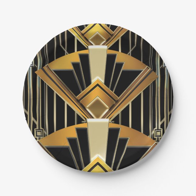 Black & Gold 20's Art Deco Gatsby Glam Wedding Paper Plate (Front)