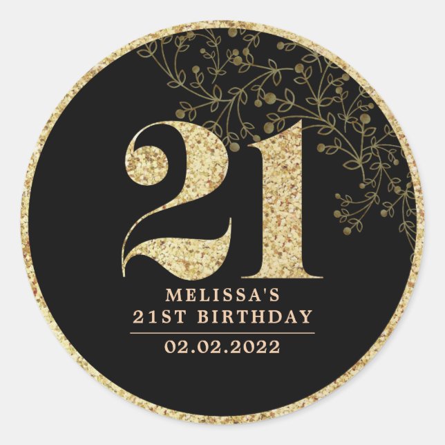 Black & Gold 21st Birthday Party Favour Sticker (Front)