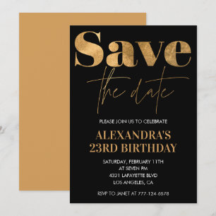Black Gold 23rd birthday invitations Save the date